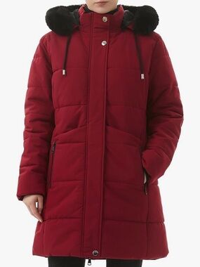 Amazon Women's Red Hooded Puffer Coat with Black Fur Trim